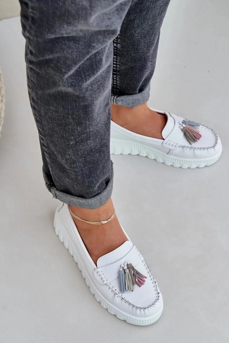 Online Skórzane Mokasyny Damskie Z Frędzlami Na Platformie I Koturnie Białe Eleazetta Damskie Loafersy Damskie|Mokasyny Damskie Skórzane