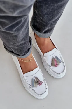 Online Skórzane Mokasyny Damskie Z Frędzlami Na Platformie I Koturnie Białe Eleazetta Damskie Loafersy Damskie|Mokasyny Damskie Skórzane