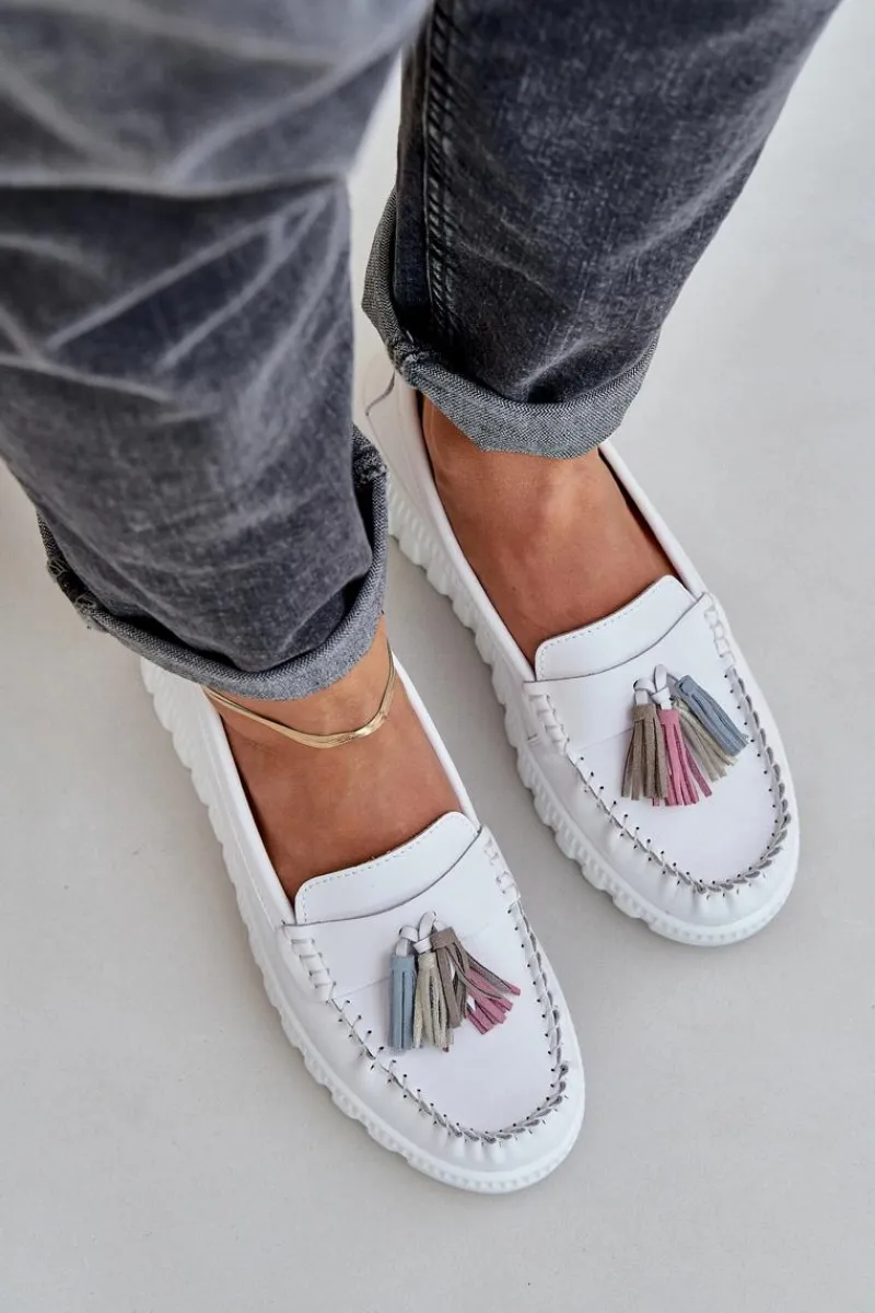 Online Skórzane Mokasyny Damskie Z Frędzlami Na Platformie I Koturnie Białe Eleazetta Damskie Loafersy Damskie|Mokasyny Damskie Skórzane