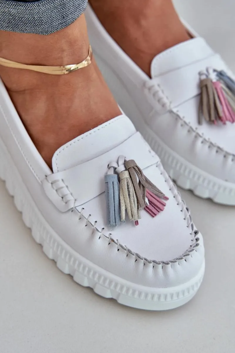 Online Skórzane Mokasyny Damskie Z Frędzlami Na Platformie I Koturnie Białe Eleazetta Damskie Loafersy Damskie|Mokasyny Damskie Skórzane