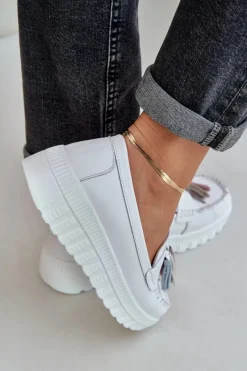 Online Skórzane Mokasyny Damskie Z Frędzlami Na Platformie I Koturnie Białe Eleazetta Damskie Loafersy Damskie|Mokasyny Damskie Skórzane