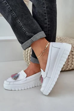 Online Skórzane Mokasyny Damskie Z Frędzlami Na Platformie I Koturnie Białe Eleazetta Damskie Loafersy Damskie|Mokasyny Damskie Skórzane