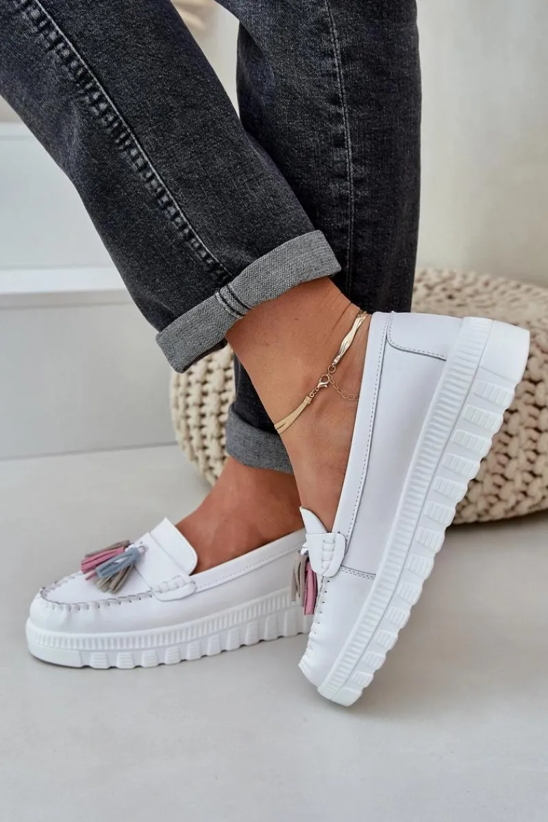 Online Skórzane Mokasyny Damskie Z Frędzlami Na Platformie I Koturnie Białe Eleazetta Damskie Loafersy Damskie|Mokasyny Damskie Skórzane