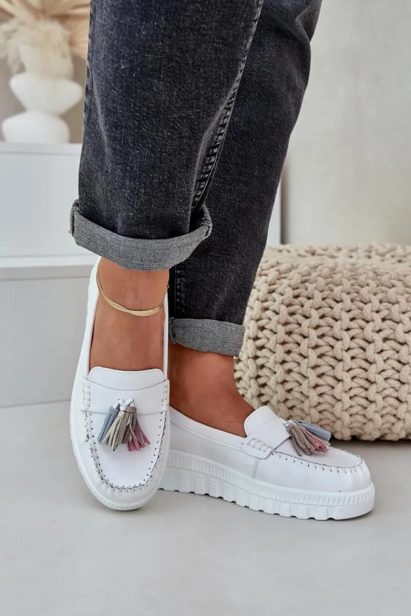 Online Skórzane Mokasyny Damskie Z Frędzlami Na Platformie I Koturnie Białe Eleazetta Damskie Loafersy Damskie|Mokasyny Damskie Skórzane