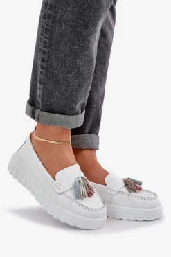 Online Skórzane Mokasyny Damskie Z Frędzlami Na Platformie I Koturnie Białe Eleazetta Damskie Loafersy Damskie|Mokasyny Damskie Skórzane
