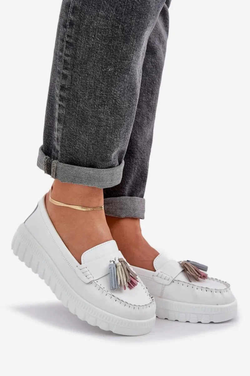Online Skórzane Mokasyny Damskie Z Frędzlami Na Platformie I Koturnie Białe Eleazetta Damskie Loafersy Damskie|Mokasyny Damskie Skórzane