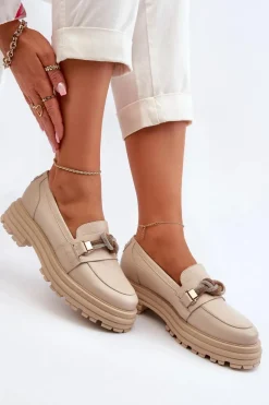 Loafersy Damskie|Mokasyny Płaskie>Laura Messi Skórzane Mokasyny Damskie Z Ozdobą 2780 Beżowe Beżowy