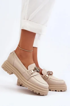 Loafersy Damskie|Mokasyny Płaskie></noscript>Laura Messi Skórzane Mokasyny Damskie Z Ozdobą 2780 Beżowe Beżowy