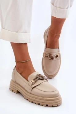 Loafersy Damskie|Mokasyny Płaskie></noscript>Laura Messi Skórzane Mokasyny Damskie Z Ozdobą 2780 Beżowe Beżowy