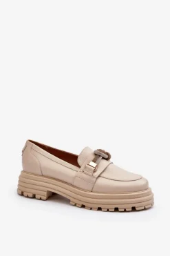 Loafersy Damskie|Mokasyny Płaskie></noscript>Laura Messi Skórzane Mokasyny Damskie Z Ozdobą 2780 Beżowe Beżowy