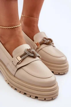 Loafersy Damskie|Mokasyny Płaskie></noscript>Laura Messi Skórzane Mokasyny Damskie Z Ozdobą 2780 Beżowe Beżowy