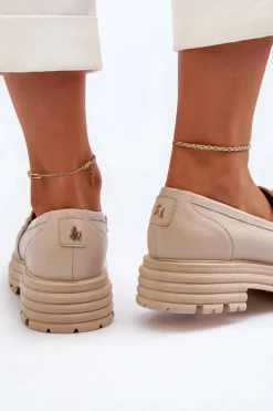 Loafersy Damskie|Mokasyny Płaskie></noscript>Laura Messi Skórzane Mokasyny Damskie Z Ozdobą 2780 Beżowe Beżowy