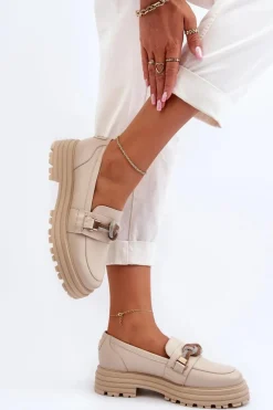 Loafersy Damskie|Mokasyny Płaskie></noscript>Laura Messi Skórzane Mokasyny Damskie Z Ozdobą 2780 Beżowe Beżowy