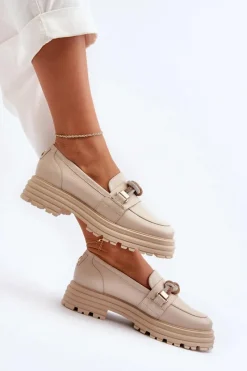 Loafersy Damskie|Mokasyny Płaskie></noscript>Laura Messi Skórzane Mokasyny Damskie Z Ozdobą 2780 Beżowe Beżowy