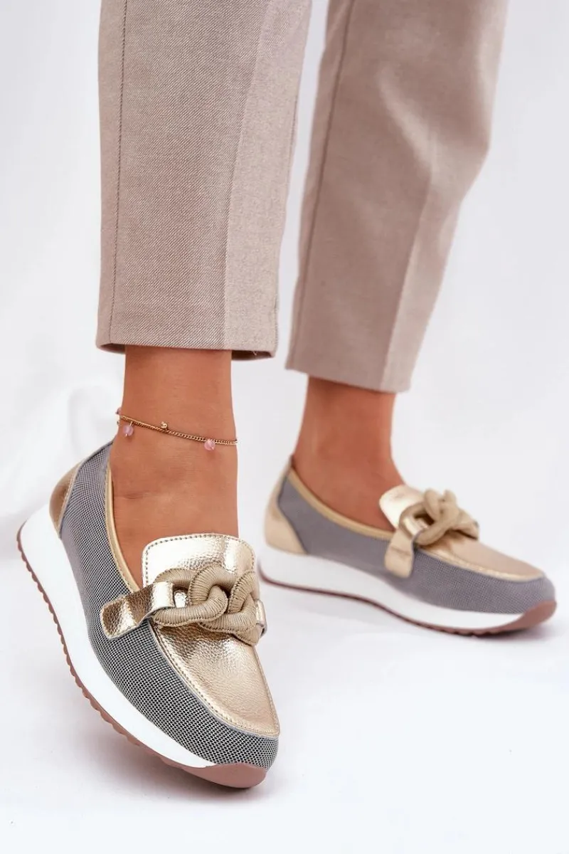 Mokasyny Damskie Skórzane|Mokasyny Na Platformie>Damskie buty S.Barski Skórzane Mokasyny Damskie Z Ozdobą D&A LR51-966 Złote Złoty