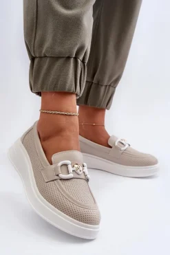 Outlet Skórzane Mokasyny Damskie Na Platformie Beżowe S.Barski LR720 Damskie Loafersy Damskie|Mokasyny Damskie Skórzane