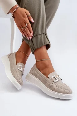 Outlet Skórzane Mokasyny Damskie Na Platformie Beżowe S.Barski LR720 Damskie Loafersy Damskie|Mokasyny Damskie Skórzane