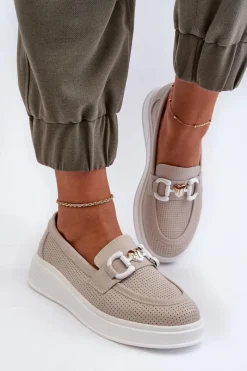 Outlet Skórzane Mokasyny Damskie Na Platformie Beżowe S.Barski LR720 Damskie Loafersy Damskie|Mokasyny Damskie Skórzane