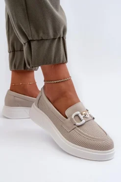 Outlet Skórzane Mokasyny Damskie Na Platformie Beżowe S.Barski LR720 Damskie Loafersy Damskie|Mokasyny Damskie Skórzane