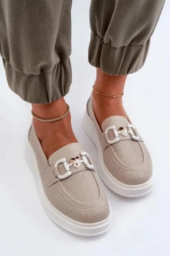 Outlet Skórzane Mokasyny Damskie Na Platformie Beżowe S.Barski LR720 Damskie Loafersy Damskie|Mokasyny Damskie Skórzane