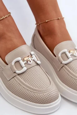 Outlet Skórzane Mokasyny Damskie Na Platformie Beżowe S.Barski LR720 Damskie Loafersy Damskie|Mokasyny Damskie Skórzane