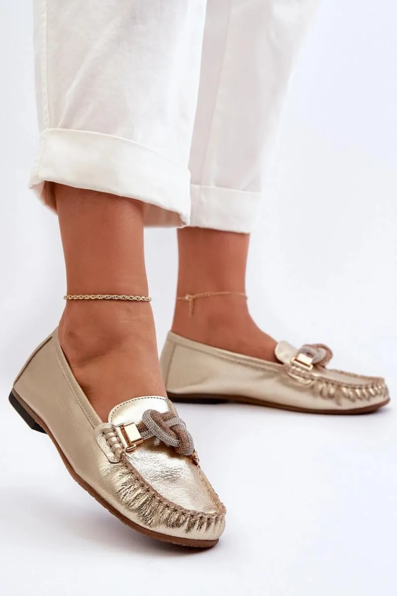 Best Skórzane Mokasyny Damskie Z Ozdobą 2761 Złote Damskie Loafersy Damskie|Mokasyny Płaskie