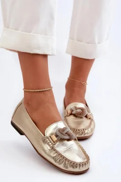 Best Skórzane Mokasyny Damskie Z Ozdobą 2761 Złote Damskie Loafersy Damskie|Mokasyny Płaskie