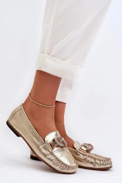 Best Skórzane Mokasyny Damskie Z Ozdobą 2761 Złote Damskie Loafersy Damskie|Mokasyny Płaskie