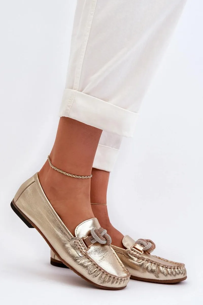 Best Skórzane Mokasyny Damskie Z Ozdobą 2761 Złote Damskie Loafersy Damskie|Mokasyny Płaskie