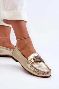 Best Skórzane Mokasyny Damskie Z Ozdobą 2761 Złote Damskie Loafersy Damskie|Mokasyny Płaskie