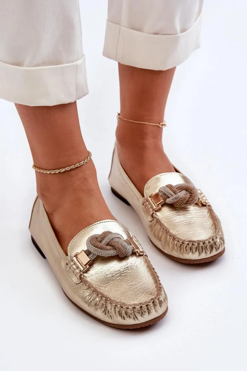 Best Skórzane Mokasyny Damskie Z Ozdobą 2761 Złote Damskie Loafersy Damskie|Mokasyny Płaskie
