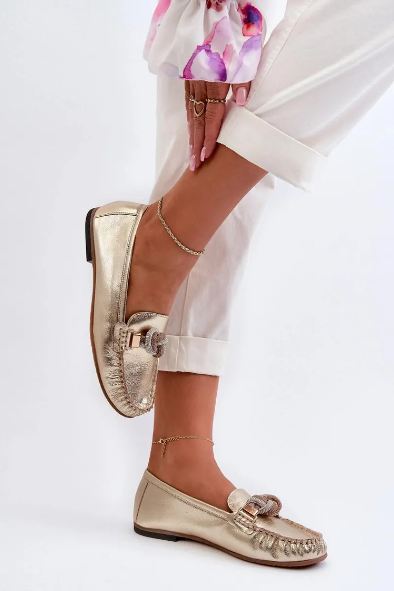 Best Skórzane Mokasyny Damskie Z Ozdobą 2761 Złote Damskie Loafersy Damskie|Mokasyny Płaskie