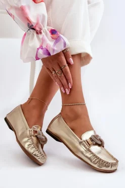 Best Skórzane Mokasyny Damskie Z Ozdobą 2761 Złote Damskie Loafersy Damskie|Mokasyny Płaskie