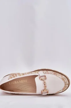 Laura Messi Skórzane Mokasyny Damskie Ze Złotym Detalem 2938 Jasnobeżowe