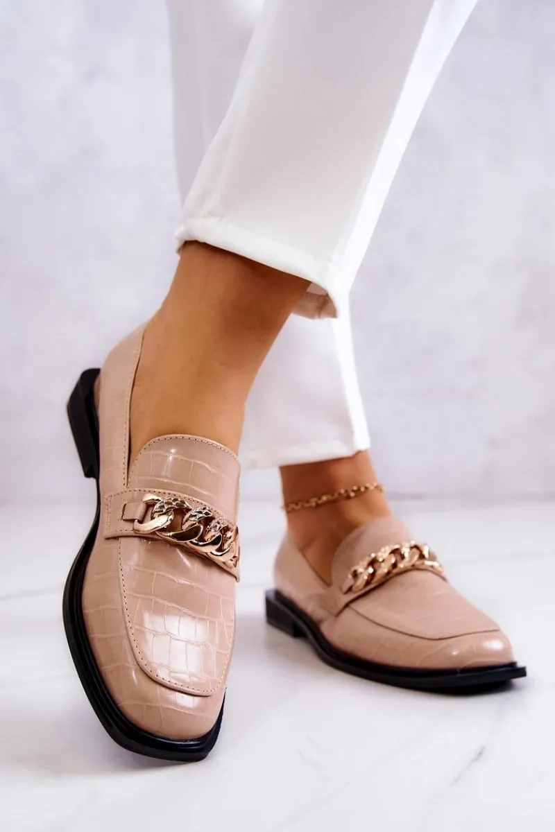 Discount Damskie buty S.Barski Skórzane Mokasyny Loafery Z Łańcuchem Beżowe Killen