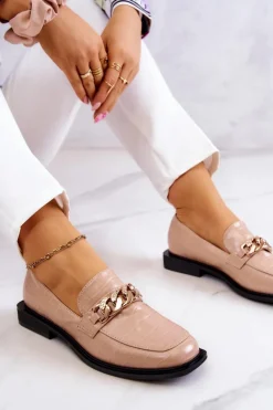 Discount Damskie buty S.Barski Skórzane Mokasyny Loafery Z Łańcuchem Beżowe Killen