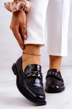 Sale Damskie buty S.Barski Skórzane Mokasyny Loafery Z Łańcuchem Czarne Killen