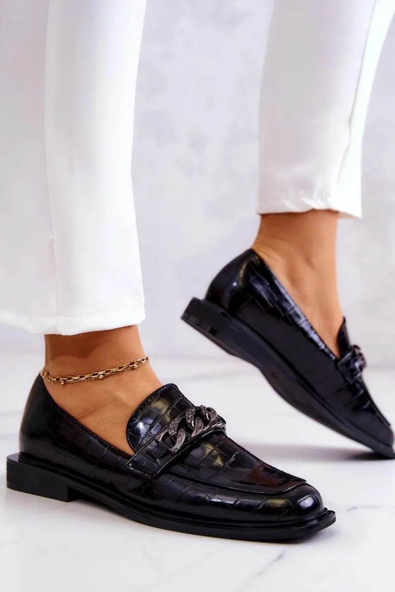 Sale Damskie buty S.Barski Skórzane Mokasyny Loafery Z Łańcuchem Czarne Killen