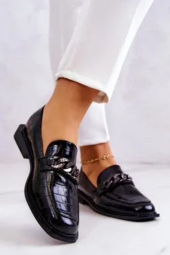 Sale Damskie buty S.Barski Skórzane Mokasyny Loafery Z Łańcuchem Czarne Killen