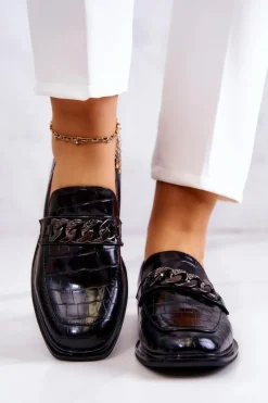 Sale Damskie buty S.Barski Skórzane Mokasyny Loafery Z Łańcuchem Czarne Killen