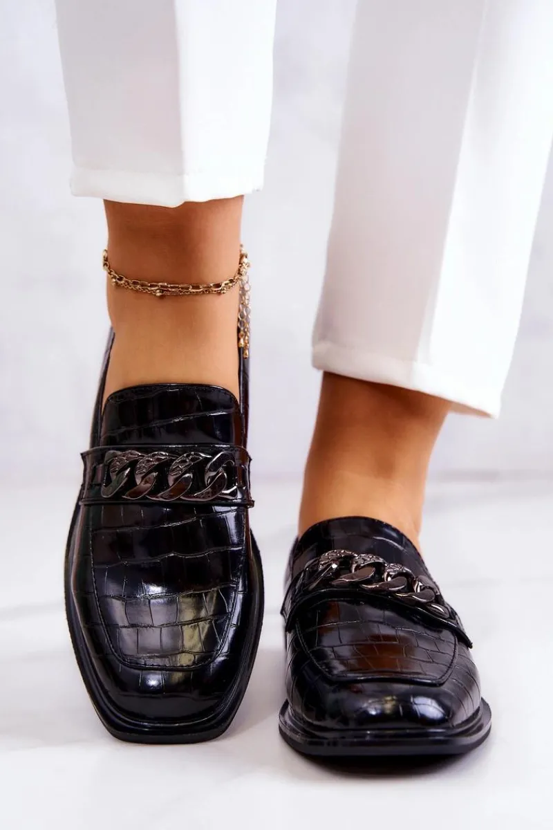 Sale Damskie buty S.Barski Skórzane Mokasyny Loafery Z Łańcuchem Czarne Killen