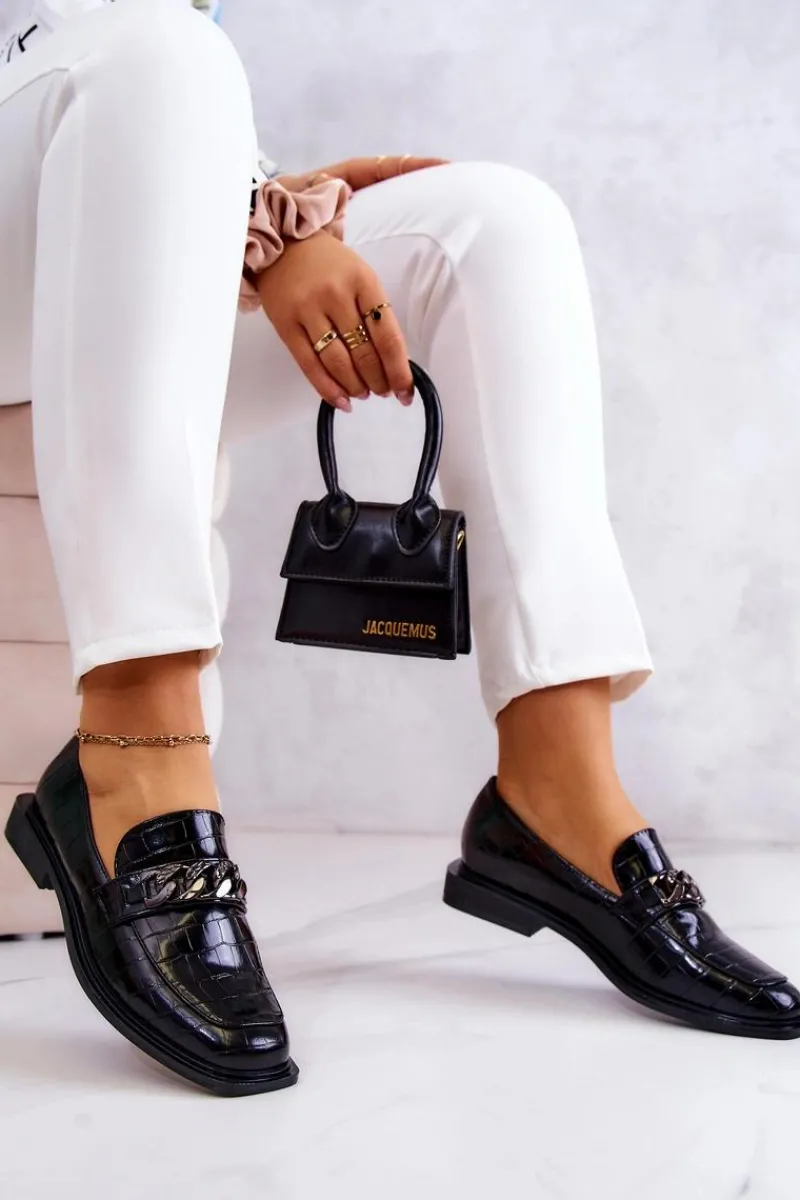 Sale Damskie buty S.Barski Skórzane Mokasyny Loafery Z Łańcuchem Czarne Killen