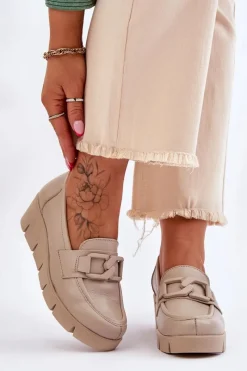 Online Boto Skórzane Mokasyny Na Koturnie Beżowe Lemar Felicita Beżowy