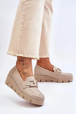 Online Boto Skórzane Mokasyny Na Koturnie Beżowe Lemar Felicita Beżowy