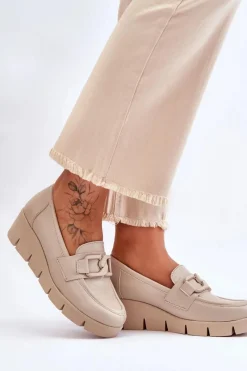 Online Boto Skórzane Mokasyny Na Koturnie Beżowe Lemar Felicita Beżowy