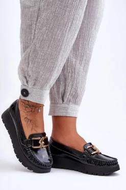 Loafersy Damskie|Mokasyny Damskie Skórzane>Zazoo Skórzane Mokasyny Na Platformie Z Ozdobą Czarne Lemar Desmond Czarny