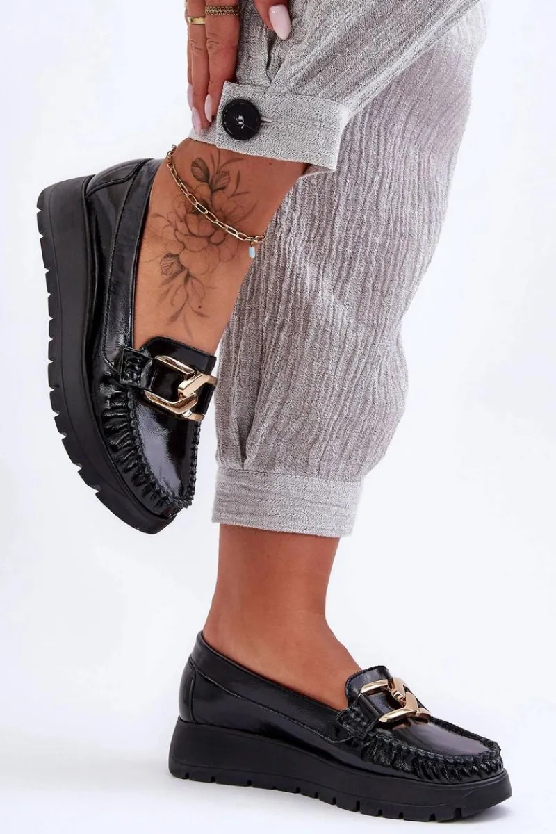 Loafersy Damskie|Mokasyny Damskie Skórzane>Zazoo Skórzane Mokasyny Na Platformie Z Ozdobą Czarne Lemar Desmond Czarny