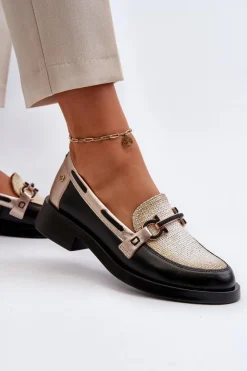 Outlet Skórzane Mokasyny Półbuty Damskie 06493-01 Czarne Damskie Loafersy Damskie|Półbuty Skórzane