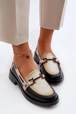 Outlet Skórzane Mokasyny Półbuty Damskie 06493-01 Czarne Damskie Loafersy Damskie|Półbuty Skórzane