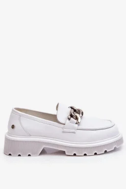 Mokasyny Damskie Skórzane>GOE Skórzane Mokasyny Z Łańcuchem LL2N4038 Białe
